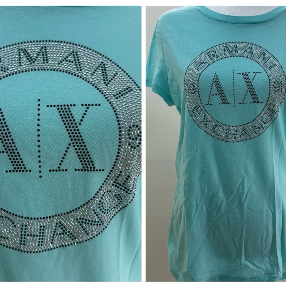 💎 Armani Exchange Aqua Blue Rhinestone Logo Tee (NWT) - Picture 3 of 14